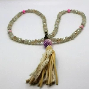 Long Mult Color Crystal Beaded Leather Lace Tassel Fringe 13" Necklace 4" Tassel - Picture 1 of 7