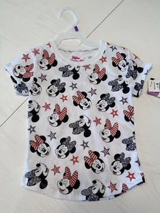 NWT Disney Junior Girls Short Sleeve Tee Sz 5T Minnie Mouse Red White Blue Stars - Picture 1 of 5