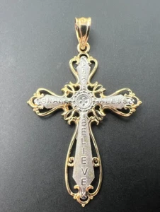 MICHAEL ANTHONY 14K TWO-TONE YG WG YELLOW WHITE GOLD PRAY BLESS CROSS PENDANT - Picture 1 of 7