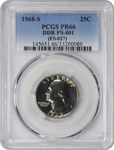 1968-S Washington Quarter DDR FS-801 PR66 PCGS Cover