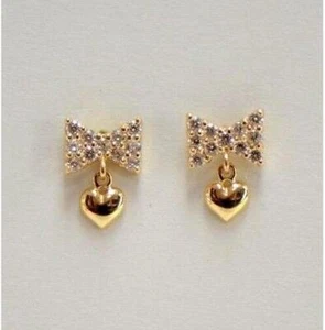 14k Solid White or Yellow Gold Bow Tie Stud Earrings with CZ - Picture 1 of 7