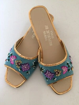 Vintage NWOT Sequin and Beaded Blue Velvet Slides Shoes 7 - Image 1 of 4