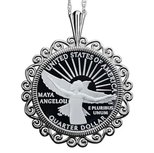 US 2022 Women Quarters 99.9% Silver Proof Coin Sterling Necklace - Maya Angelou - Picture 1 of 8