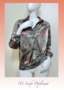 Vintage 70s Shimmer Metallic Henley Top Blouse Mid Century Lady Diplomat L XL - Picture 1 of 6