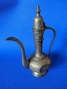 Vintage Brass Etched Hand Hammered Indian Pitcher Teapot Beautiful etchings - Picture 1 of 9