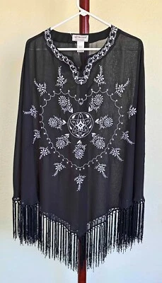Victor Costa Embroidered Poncho Black w Pearl Gray Linen Blend One Size Plus NWT - Image 1 of 4