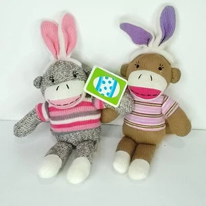 Easter Camo Sock Monkey Lot of 2 Dan Dee Plush Pink Brown Striped Stuffed Animal - Picture 1 of 6