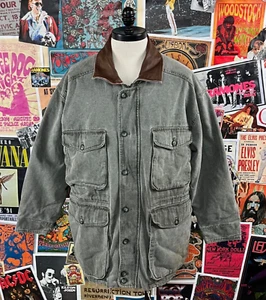 Vtg 90s Orvis Four Pocket Plaid Lined Canvas Leather Utility Jacket Mens Large - Picture 1 of 17