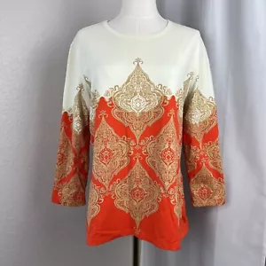 J McLaughlin Top Womens XL Cream Orange Catalina Cloth Damask Boho Chic Preppy - Picture 1 of 14