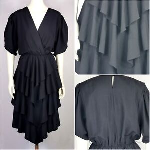 80s vintage black gothic chic dress - black wedding flouncy dress -  s-m 10-12