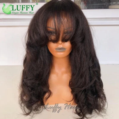 Pelucas Wave Kinky Yaki con flequillo cabello humano brasileño cuero cabelludo pelucas hechas a máquina Foto 1 de 4