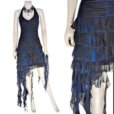 Vtg Y2K Prom Dress L Halter Mini Blue Metallic Ruffle 90s Jellyfish Fairy Lurex - Image 1 of 4