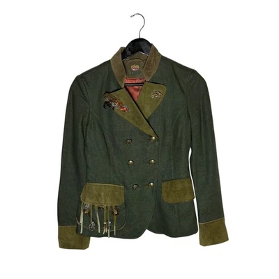 Meindl Trachten Linen Suede Embellished Double Breasted Blazer Jacket 34 Green - Image 1 of 4