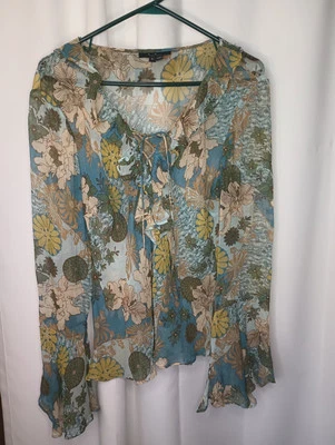 ECI New York Womens Y2K Fairy Top XL Floral Sheer Ruffle Flare Beaded Hippie  - Image 1 of 4