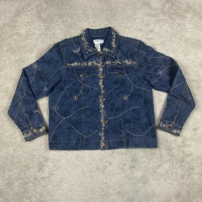 Coldwater Creek Jacket Womens Medium Denim Embroidered Floral Button Front Lined - Image 1 of 4