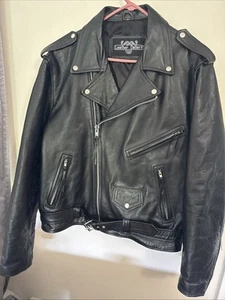 Leather Gallery Jacket Mens 50 Black Motorcycle Biker Belted Bomber Collared - Picture 1 of 6