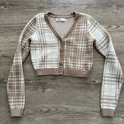 Cárdigan corto Hollister suéter para mujer pequeño marrón a cuadros manga larga Foto 1 de 4