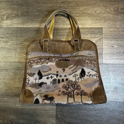 RARE VTG French Luggage Countryside & Unicorns Suede Tapestry Carryon Bag - Image 1 of 4
