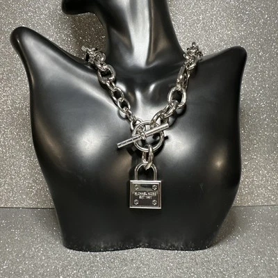 Michael Kors Silver Tone Padlock Chain Necklace Toggle Clasp - Image 1 of 4