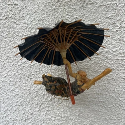 Sarena Mann Rare VTG 1989 Paper Mache Art Mobile fairy Lady Flying Blue Umbrella - Image 1 of 4