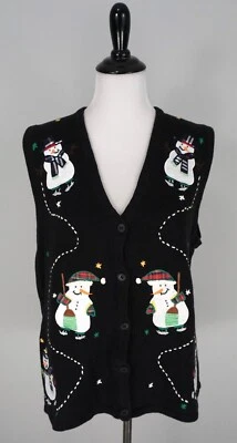 De Colección Bobbie Brooks Negro Navidad Muñeco de Nieve Cárdigan Suéter Chaleco Pequeño Foto 1 de 4