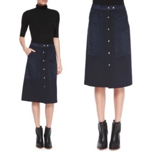 Theory navy Slyn skirt Fixture ponte knit lamb leather trim $395. excellent 2 - Picture 1 of 9