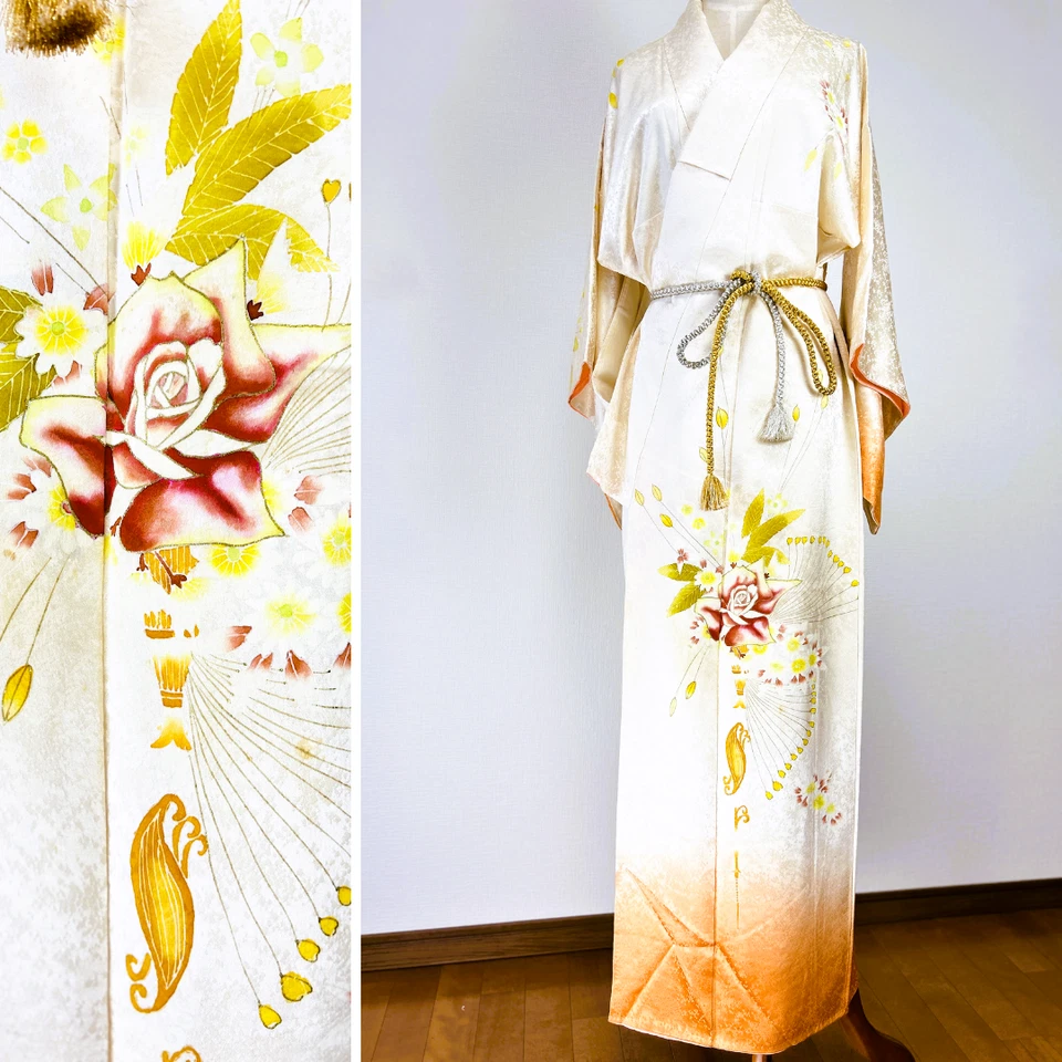 【Excellent】antique kimono,japanese kimono ,  kimono robe,beige kimono Foto 1 de 4