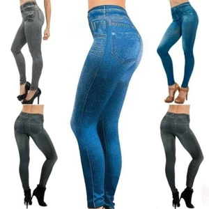 Women High Waist Stretchy Jeggings Ladies Denim Look Skinny Leggings Jeans Pants - Picture 1 of 11