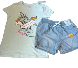 Cat & Jack Dinosaur in a Unicorn Cat & Jack Denim Blue Shorts L 10-12 - Picture 1 of 7