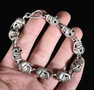 9 Zoll altes tibetisches Silber Skelett Teufel Schädel Kopf Armband Armbänder Armband