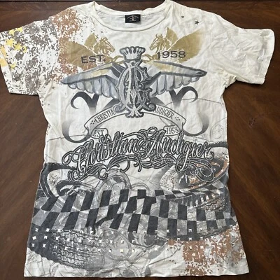 Рубашка украшенная заклепками мужская Y2K Christian Audigier белая AOP размер L  - Изображение 1 из 4