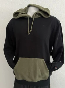 NWT Champion Classic Fleece Hoodie, Colorblock, Script & C Logo Black/Olive - Picture 1 of 3