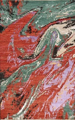 Contemporary Wool/ Silk Abstract Oriental Area Rug Modern Artistic Handmade 4x6 - Image 1 of 4