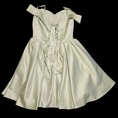 Vestido corto formal de satén verde menta para mujer de encaje con tiras y corbata mediana Foto 1 de 4