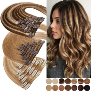 Clip Hair Extensions Medium 100% Remy Human Hair Full Head Balayage Clearance US - Picture 1 of 104