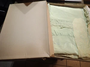 Vintage baby infant crib carriage pillowcase pale green comforter rayon set box - Picture 1 of 9