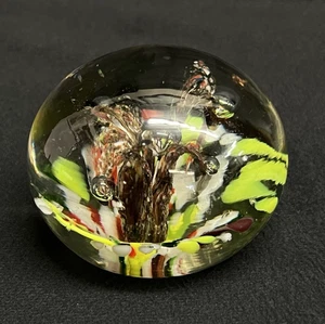 Vintage Hand Blown Glass Brown and Lime Green 4-Petal Flower Round Paperweight - Picture 1 of 6
