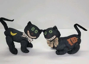 2 Folk Art Grunge Halloween Black Cats Kittens Hand Painted Moon Pumpkin Decor  - Picture 1 of 6