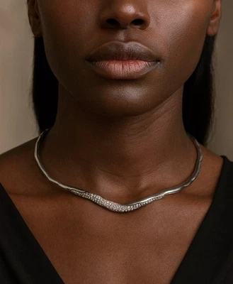 Solanales Neckace Crystal Pavé Collar Molten Silver Chain Irregular Boho CZ VTG - Image 1 of 4