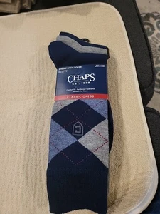 Chaps Men's Blue Gray Logo Classic Dress Crew Socks 3 Pairs Shoe Size 6-12 NEW - Picture 1 of 7