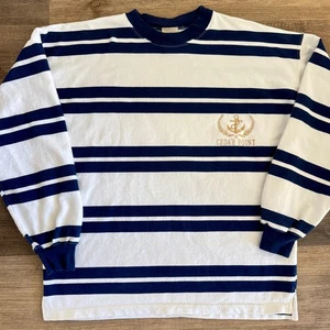 VTG Cedar Point Nautical Striped Coastal Oversized Shirt Navy White L/XL - Picture 1 of 10