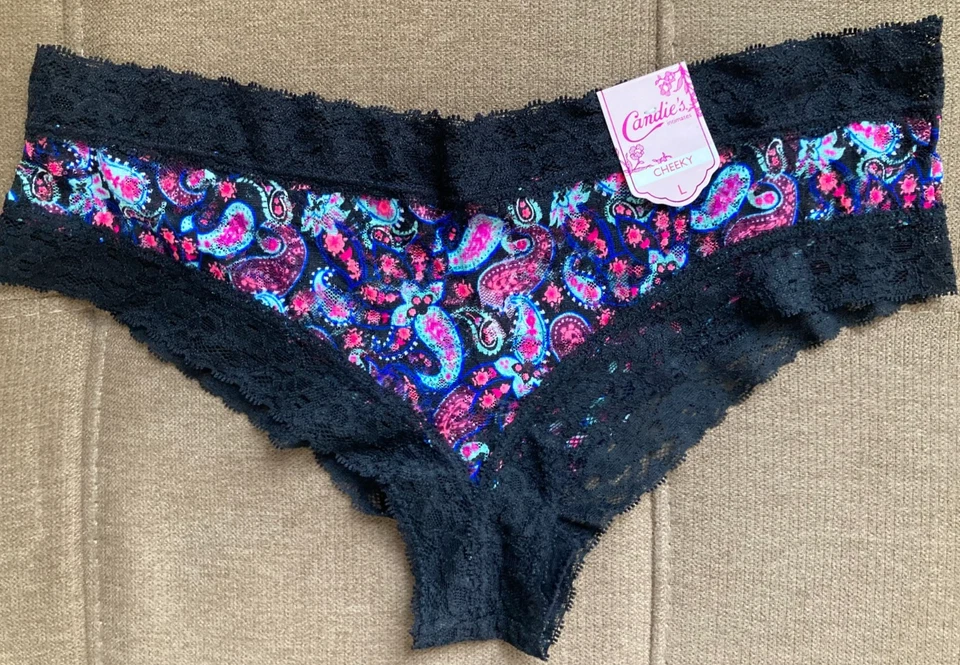 NUEVO CON ETIQUETAS CANDIE'S Intimates Micro Encaje Cheeky Panty Negro Paisely Grande Foto 1 de 4