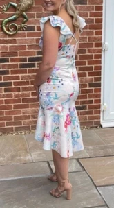 Lipsy White Cream Floral Midi Dress Size 12 Occasion Wedding Party Summer Hi Lo - Picture 1 of 24