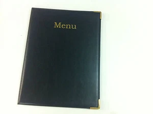 QTY 10 - A4 MENU HOLDER/FOLDERS IN BLACK LEATHER LOOK PVC WITH GUILT CORNERS - Picture 1 of 2