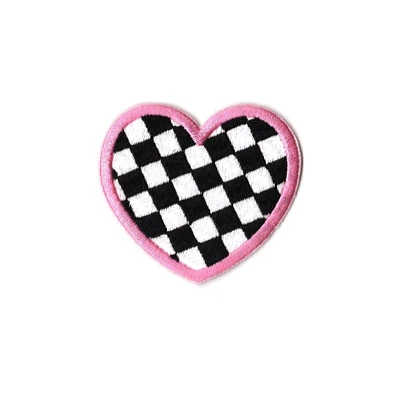 Checkered Heart Embroidered Iron-On Patch - Pink Border, Cute Retro Style Badge - Image 1 of 2