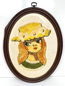 MCM Vintage Big Eyed Girl HAT Pebble Gravel Artwork Wall Hanging Oval - Picture 1 of 11