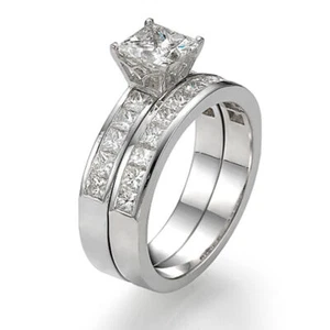 Princess Cut Diamond Engagement Ring Set 14K White Gold Beautiful 2.70 CT H/SI2 - Picture 1 of 6