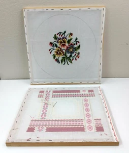 2 Needlepoint Flowers Pink  w. Stretching Frame Unfinished - Picture 1 of 5