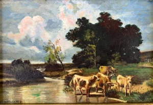 Old Oil Painting Wilhelm von Battlelehner 1906-1992 Vienna Austria Cows by the Water - Picture 1 of 11