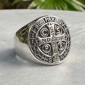 Handcrafted 925 Sterling Silver Saint Benedict Cross Christian Crucifix Ring - Picture 1 of 5